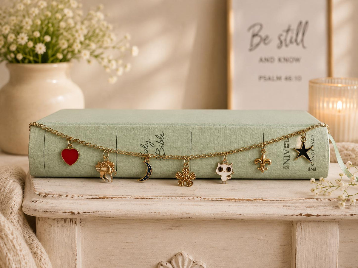 Bible Charm Chain | Adjustable Book Bookmark | Curated Charm Accessory | Handmade One-Of-A-Kind