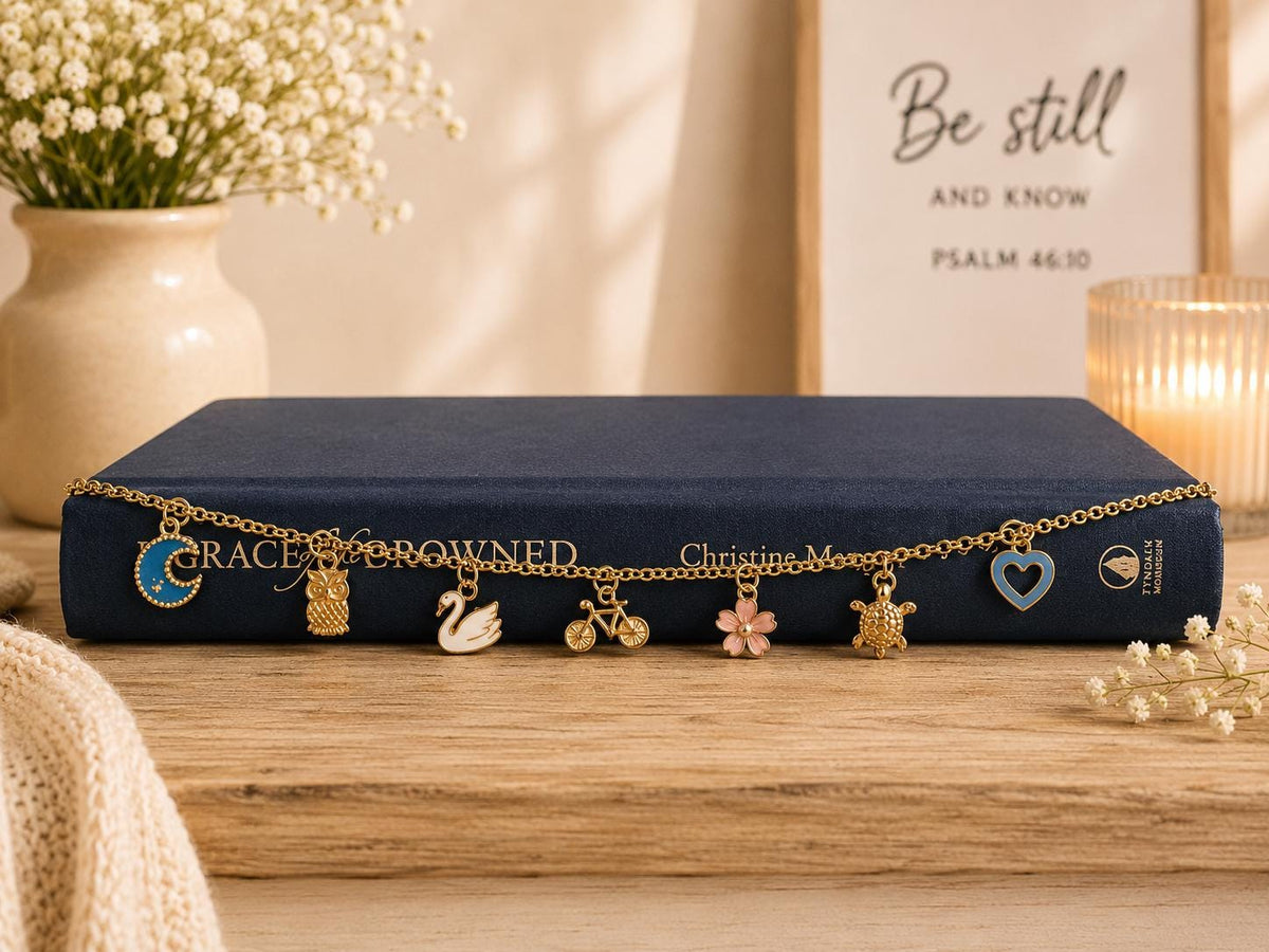Bible Charm Chain | Adjustable Book Bookmark | Curated Charm Accessory | Handmade One-Of-A-Kind