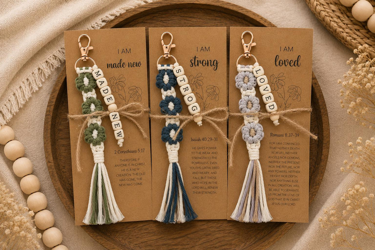 Christian Macrame Keychain | Scripture Affirmation Bag Charm