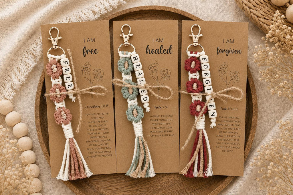 Christian Macrame Keychain | Scripture Affirmation Bag Charm