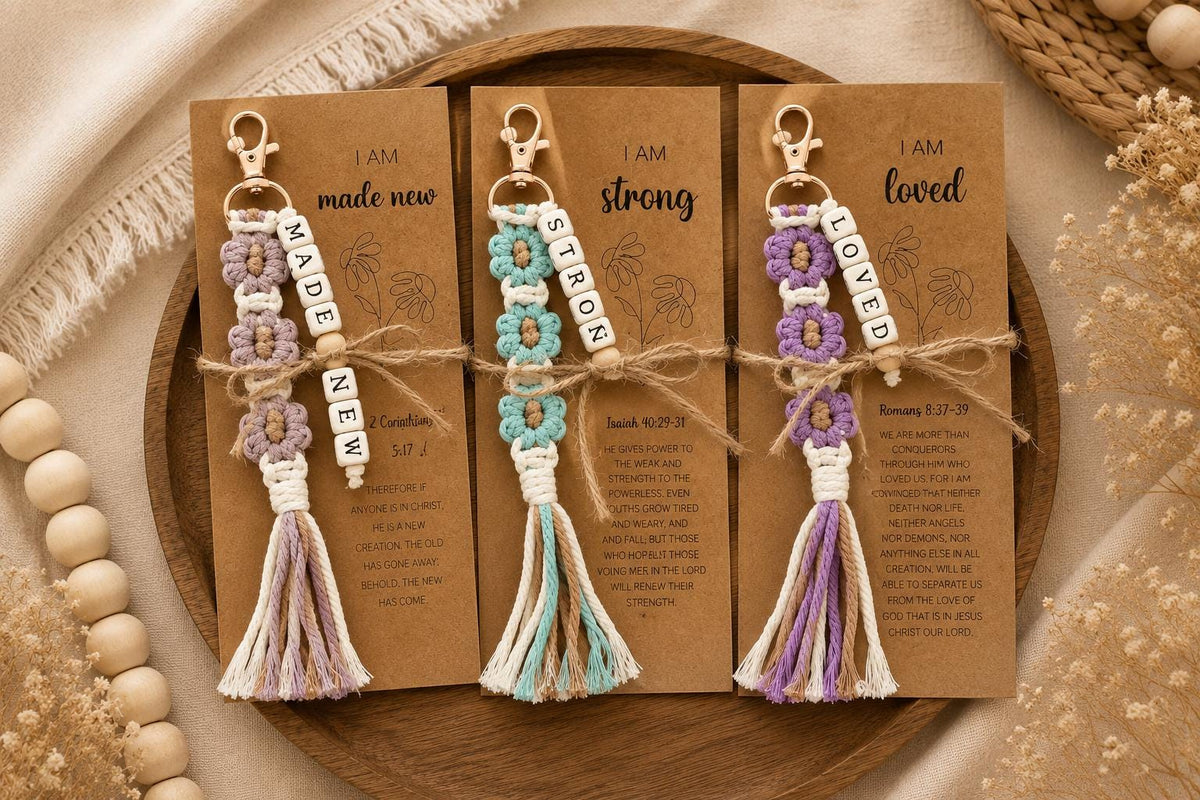 Christian Macrame Keychain | Scripture Affirmation Bag Charm