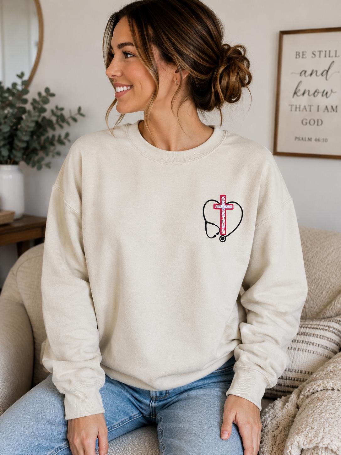 Christian Nurse Sweatshirt, Floral Cross Servant Daughter of King Crewneck - Classic Collection