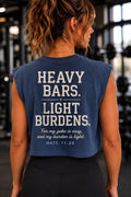 Heavy Bars Light Burdens Muscle Tank | Christian Workout Crop Top | Matthew 11:30