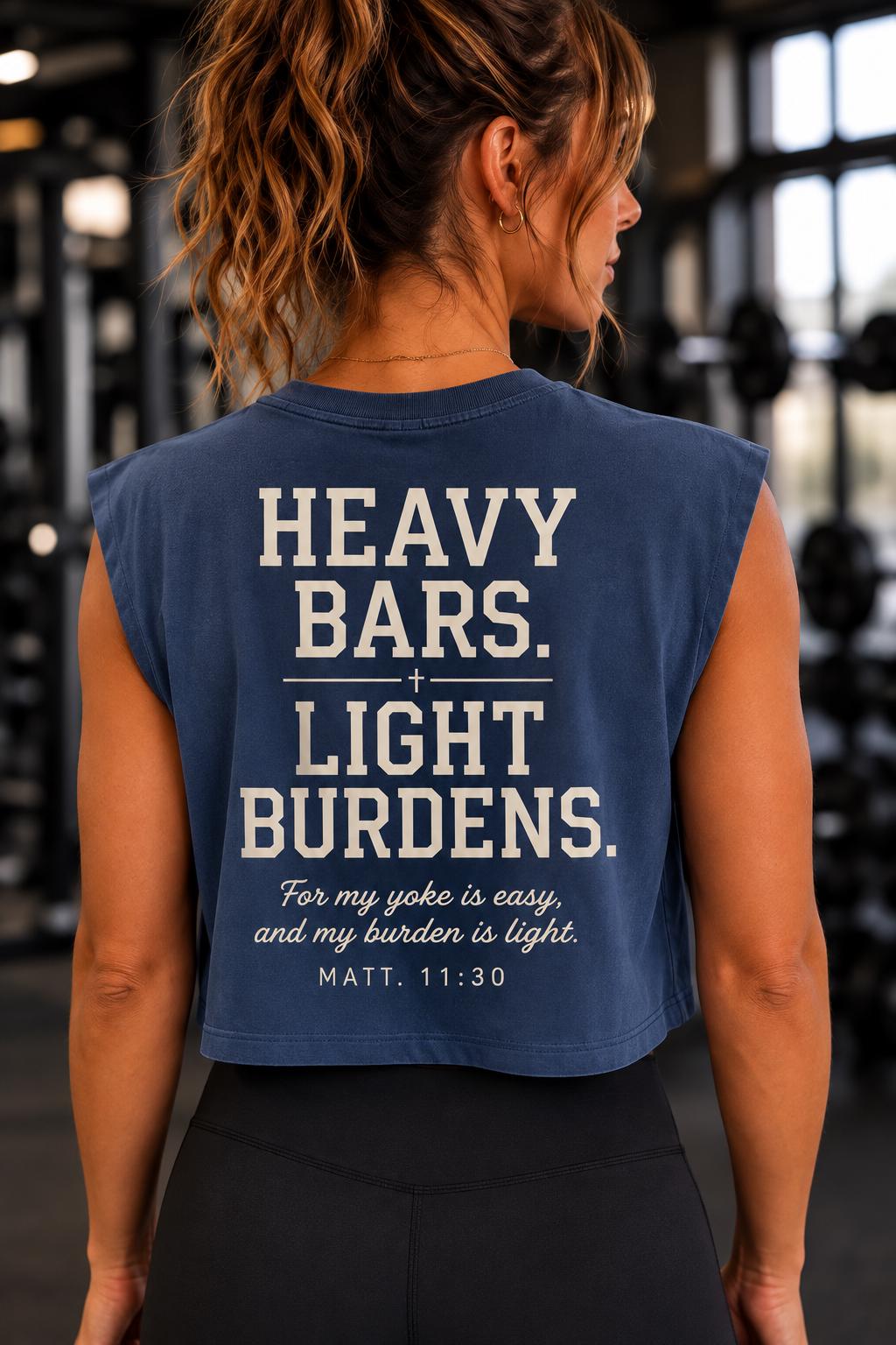 Heavy Bars Light Burdens Muscle Tank | Christian Workout Crop Top | Matthew 11:30