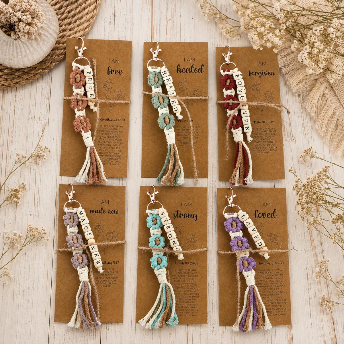 Christian Macrame Keychain | Scripture Affirmation Bag Charm