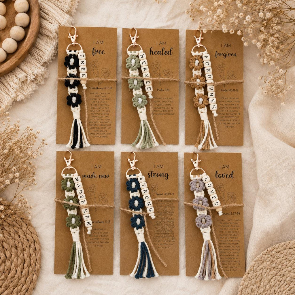 Christian Macrame Keychain | Scripture Affirmation Bag Charm