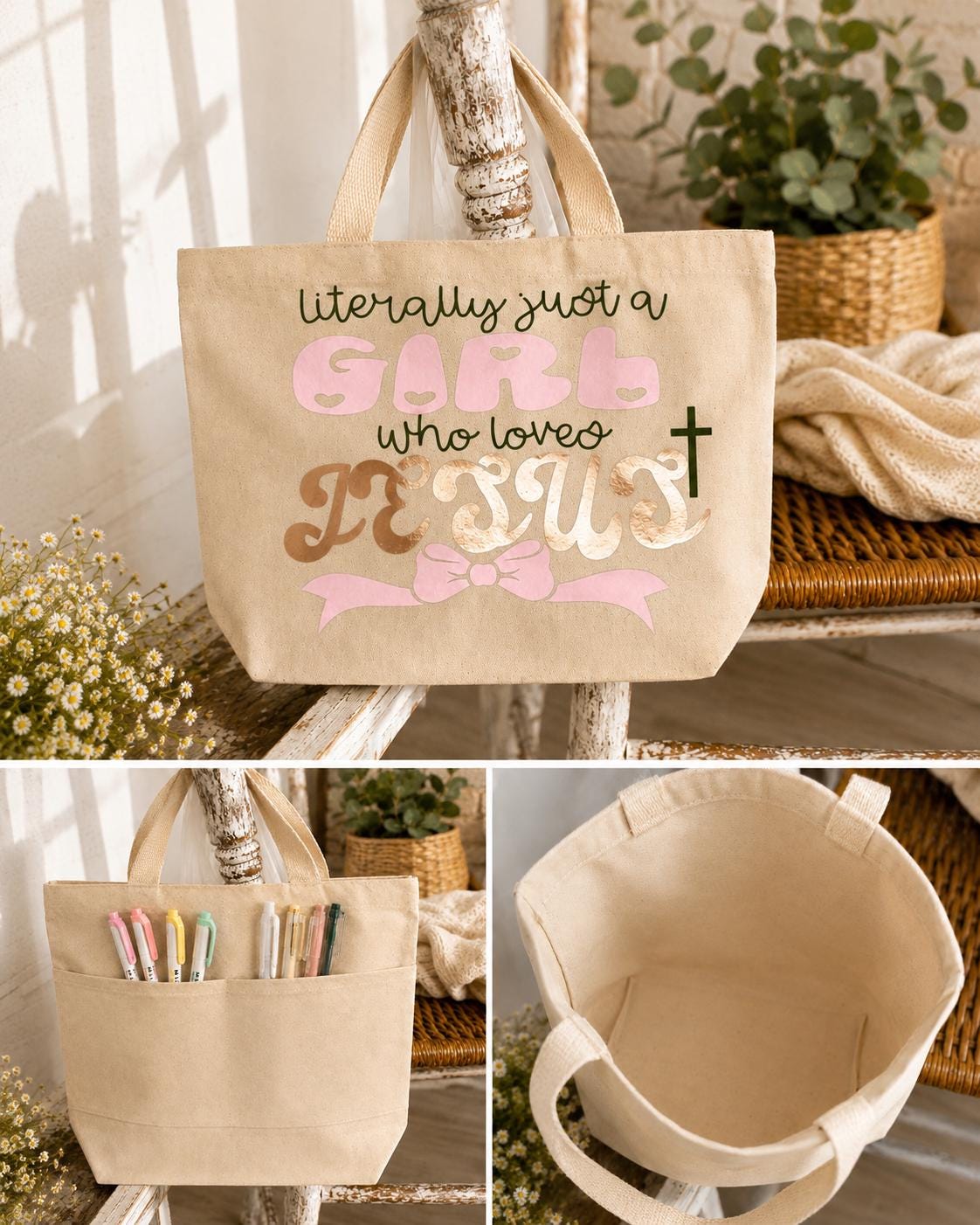 Canvas Tote Bag, Christian Faith Jesus Design, Bible Study Bag, Rose Gold Lettering