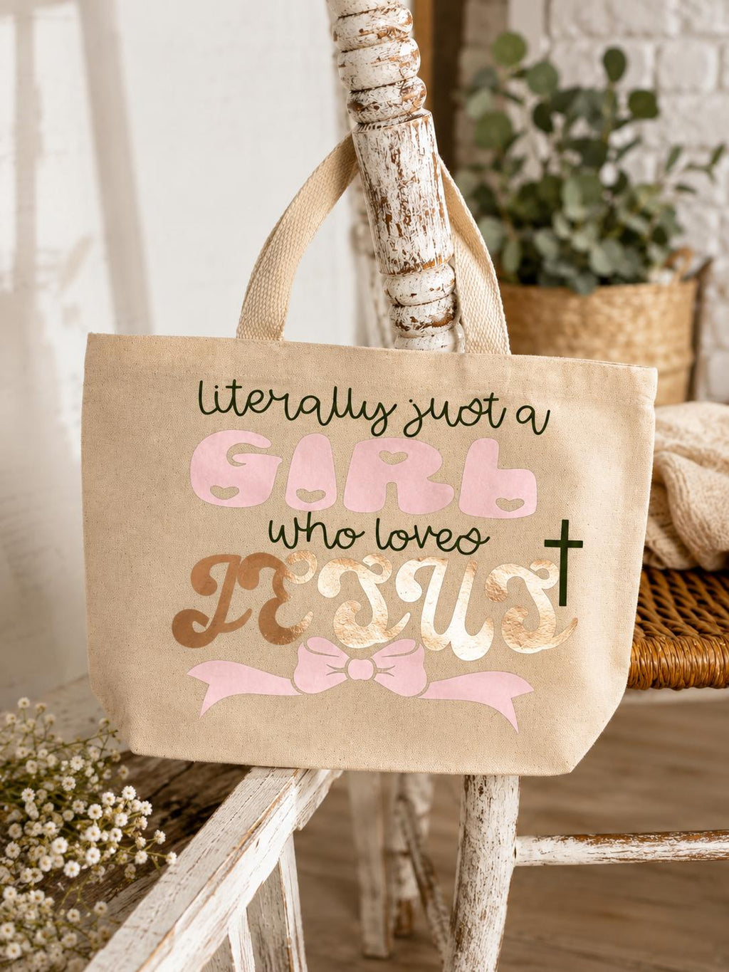 Canvas Tote Bag, Christian Faith Jesus Design, Bible Study Bag, Rose Gold Lettering