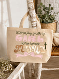 Canvas Tote Bag, Christian Faith Jesus Design, Bible Study Bag, Rose Gold Lettering