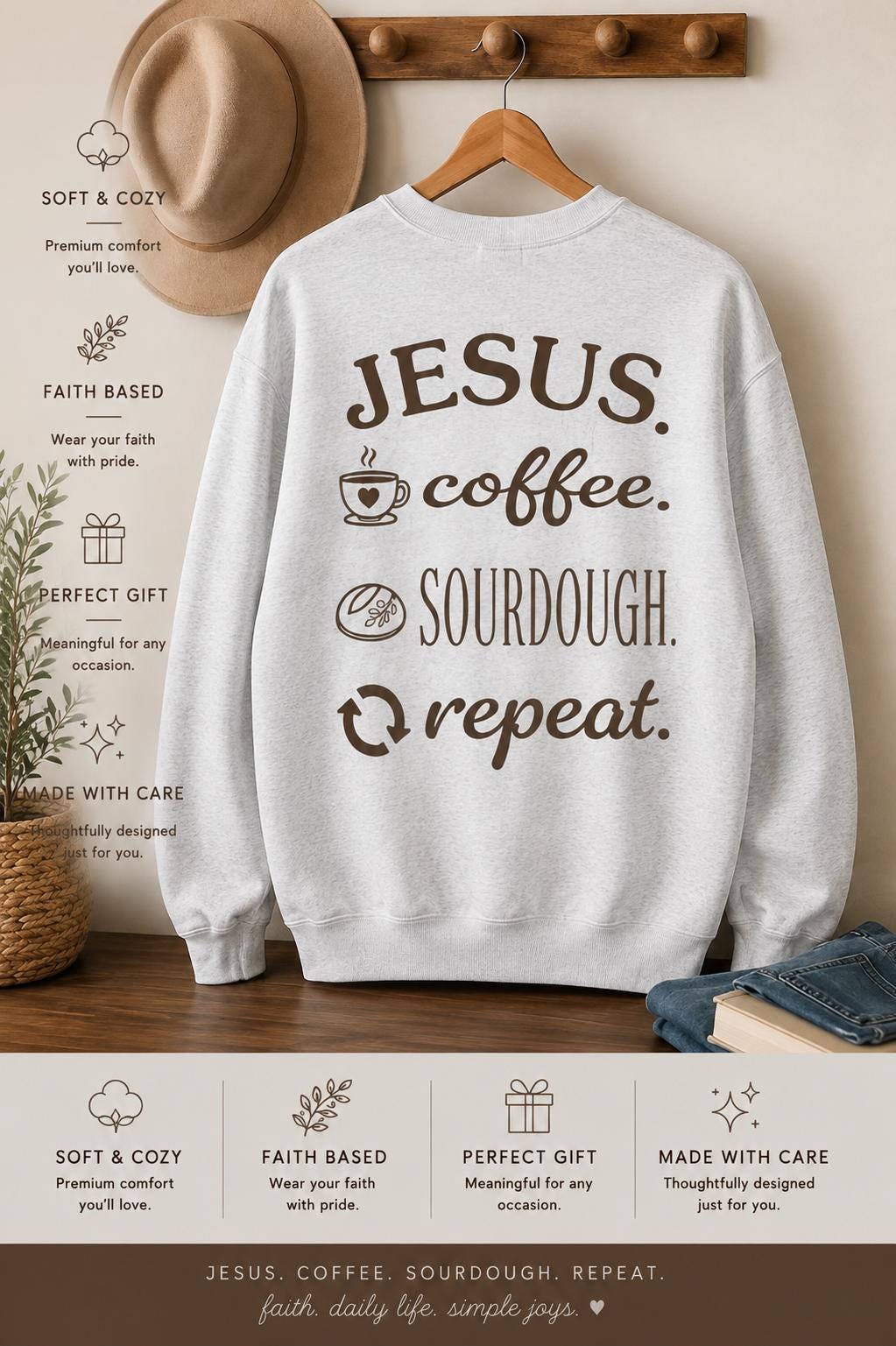 Jesus Coffee Sourdough Repeat Sweatshirt, Faith Sourdough Crewneck, Christian Lover Shirt