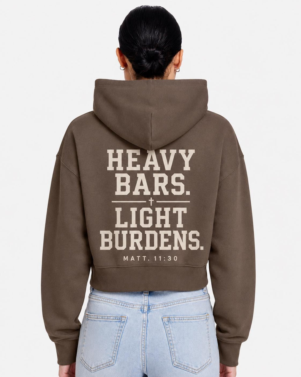 Heavy Bars Light Burdens Cropped Hoodie | Christian Workout Crop Top | Matthew 11:30