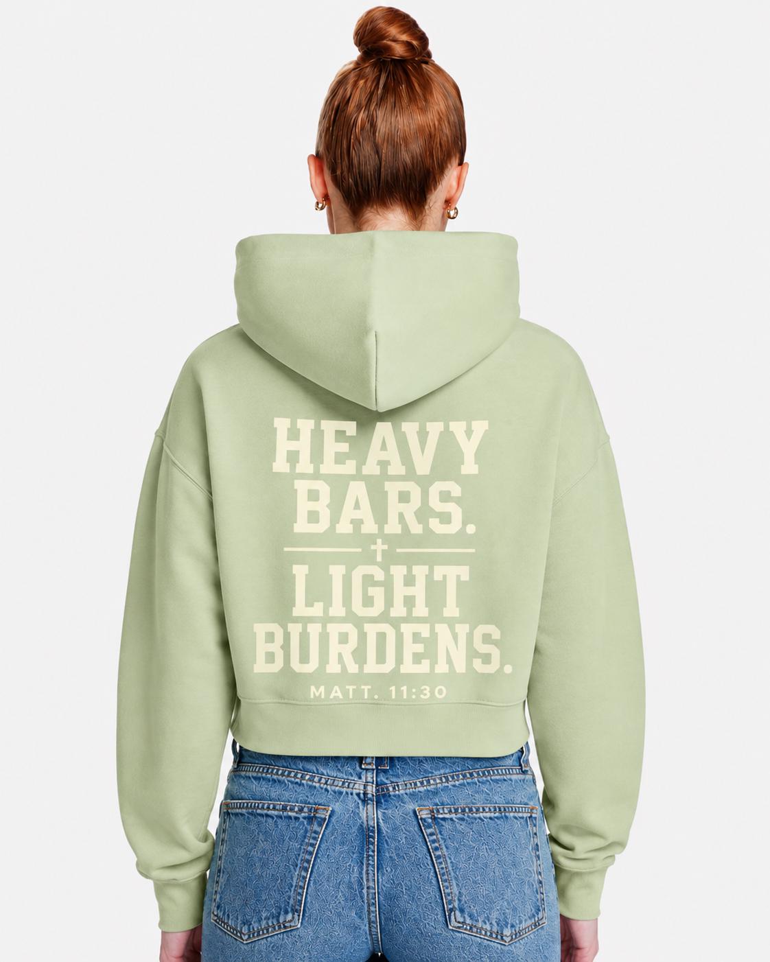 Heavy Bars Light Burdens Cropped Hoodie | Christian Workout Crop Top | Matthew 11:30